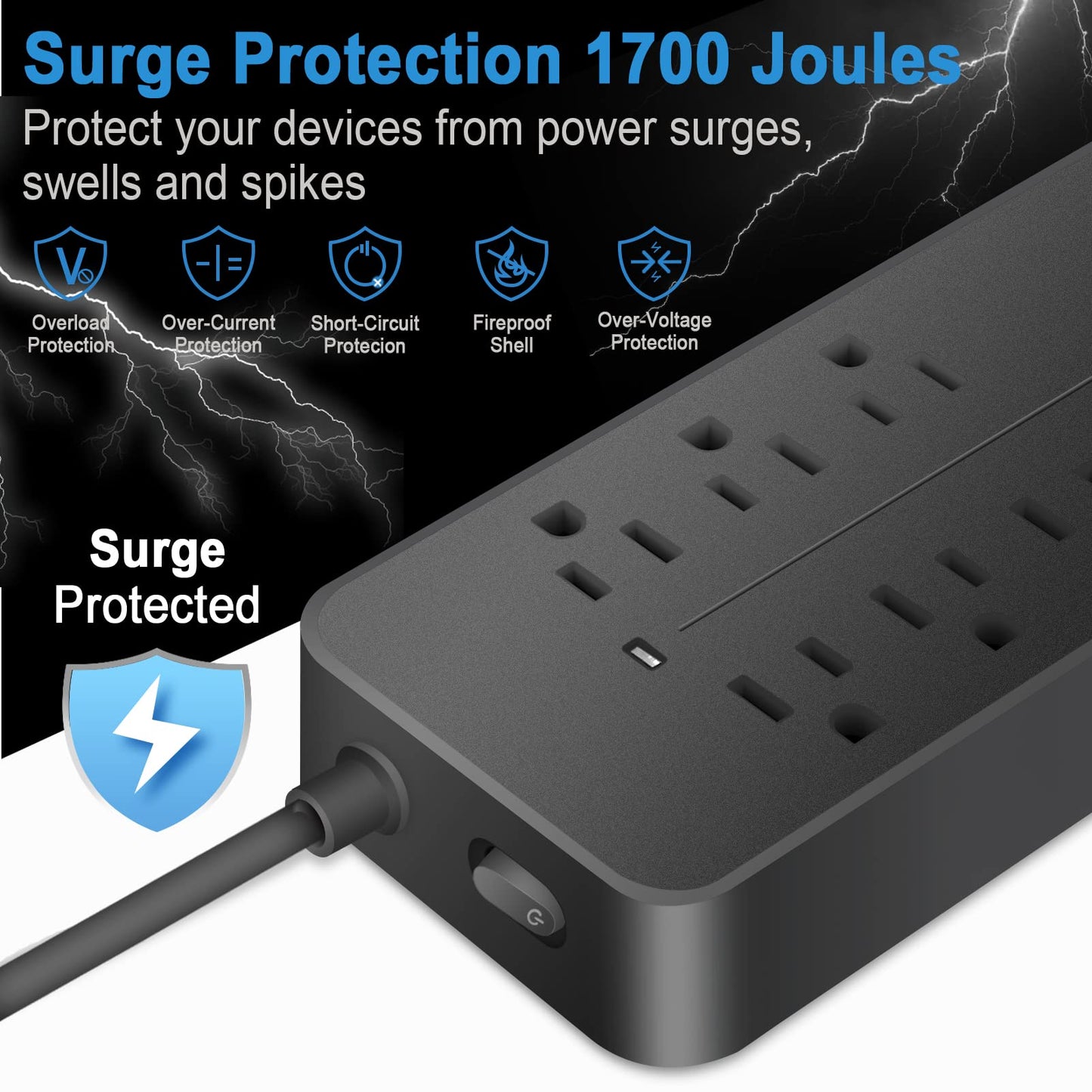 Power Strip-Flat Plug Surge Protector with USB Multiple outlets 4 ft Cord?with Overload Protection?Wall Mount?Desktop Charging Station for Home?Office