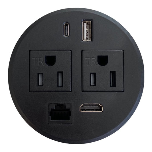 Round Desktop Conference Room Power Grommet Outlet, FITS 3 1/8" - 3 1/4" 2 (TR) AC Outlets, 2 USB Charging Ports, 1 CAT 6, 1 HDMI, ETL Listed
