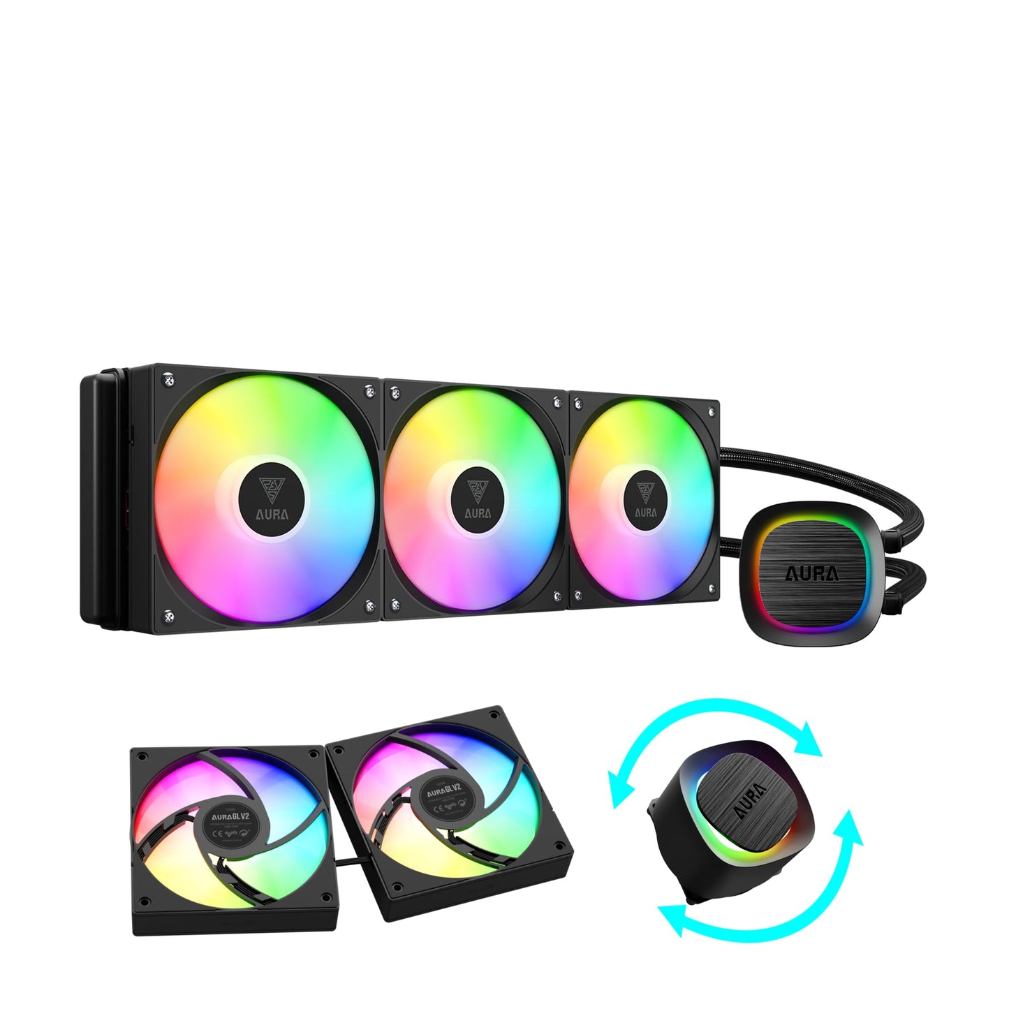GAMDIAS Aura GLV2 360mm AIO Liquid CPU Cooler, Rotatable Performance 10-Pole Pump, 3 x 120mm Daisy-Chained Hidden Cable Fans, Low-Noise PWM & ARGB