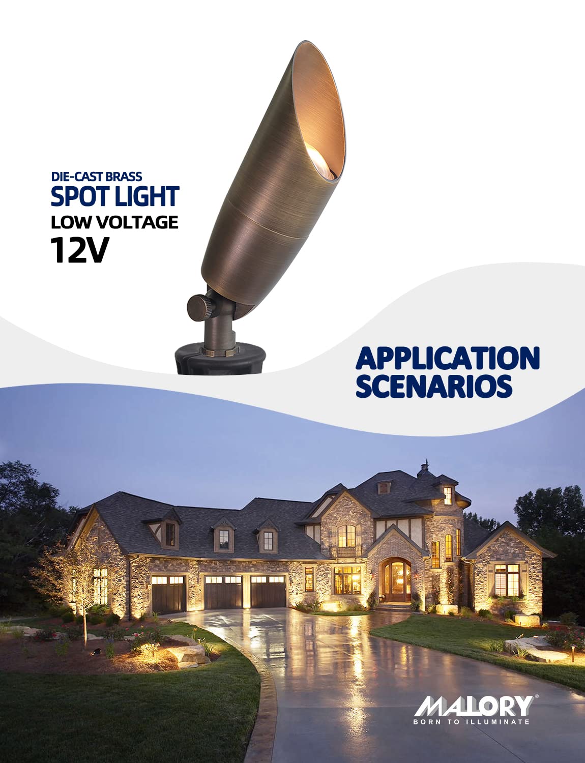 MALORY Solid Brass Landscape Spotlight 1-Pack with Bulb(S06), Low Voltage Front and Backyard Landscape Lighting with Large Rugged Slot Spike & Wire