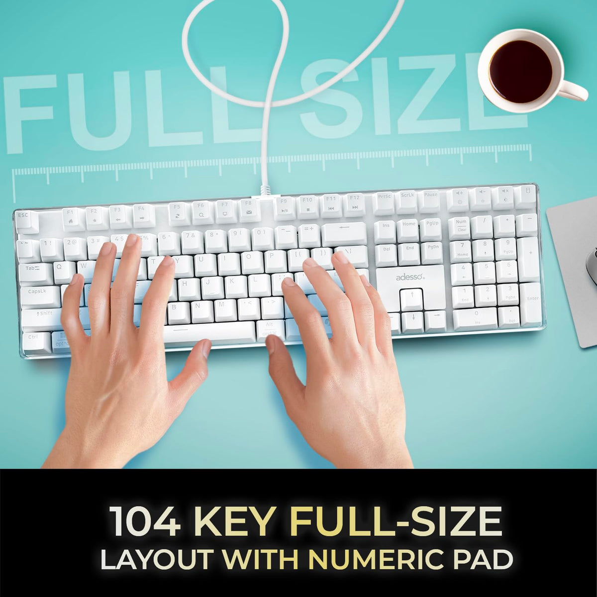 Adesso AKB-680UW Mechanical Keyboard with Copilot AI Hotkey - Brown Switch, Multi-OS Compatible | Enhanced Productivity with Tactile and Quiet Feel