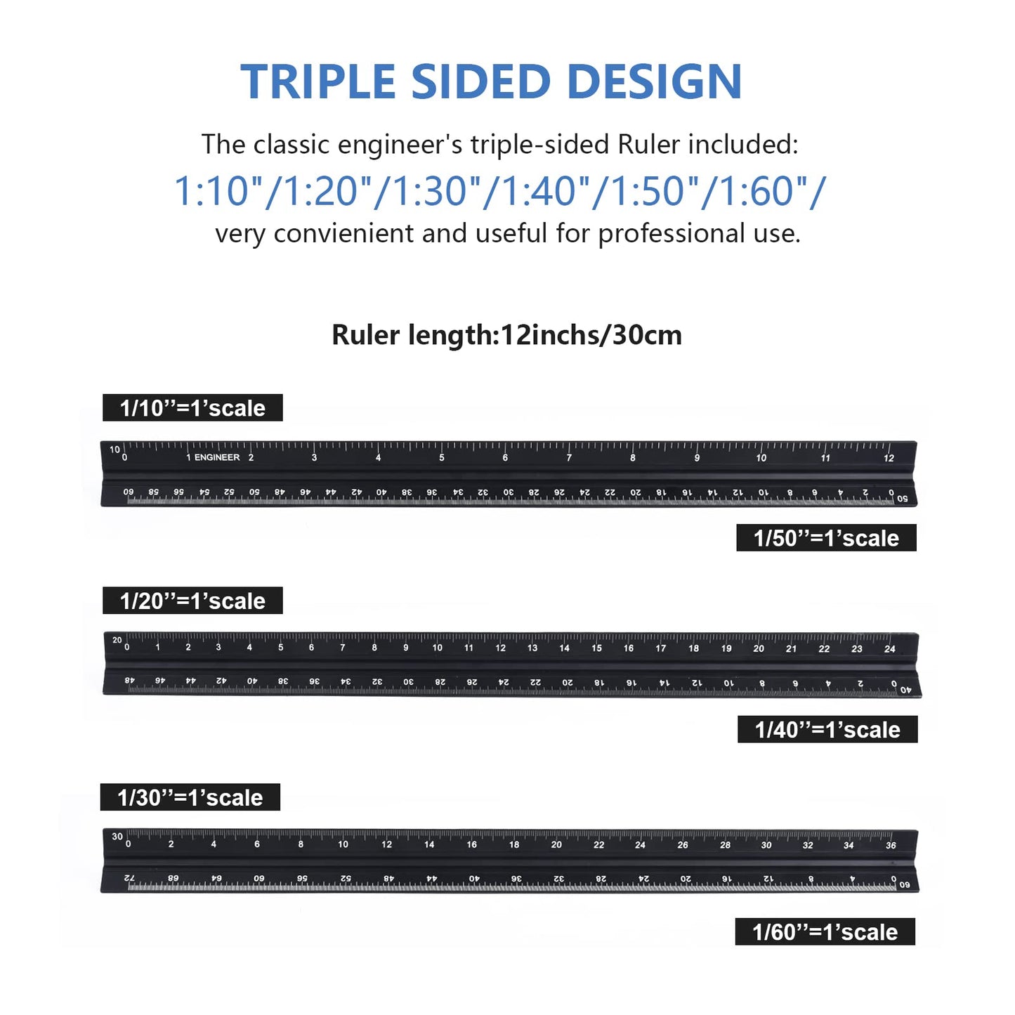 Architectural&Engineering Triangular Scale Ruler, 12 Inch Architectural Scale Ruler Set, Laser-Etched Aluminum with Stainless Steel Ruler