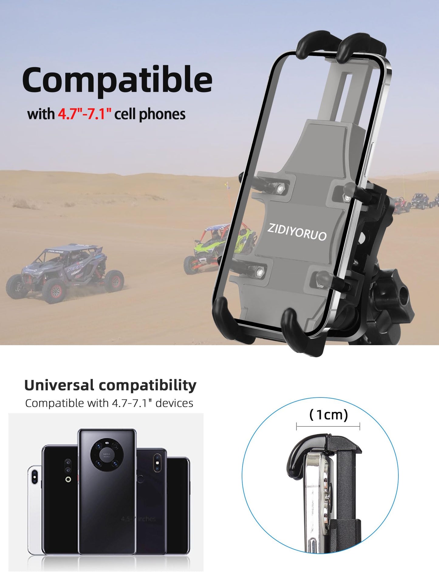 ZIDIYORUO Anti-Vibration UTV Phone Mount Heavy Duty, Full Protection SXS Phone Holder with Aluminum Bracket Fit for 1.75-2" Roll Cage, Adjustable UTV
