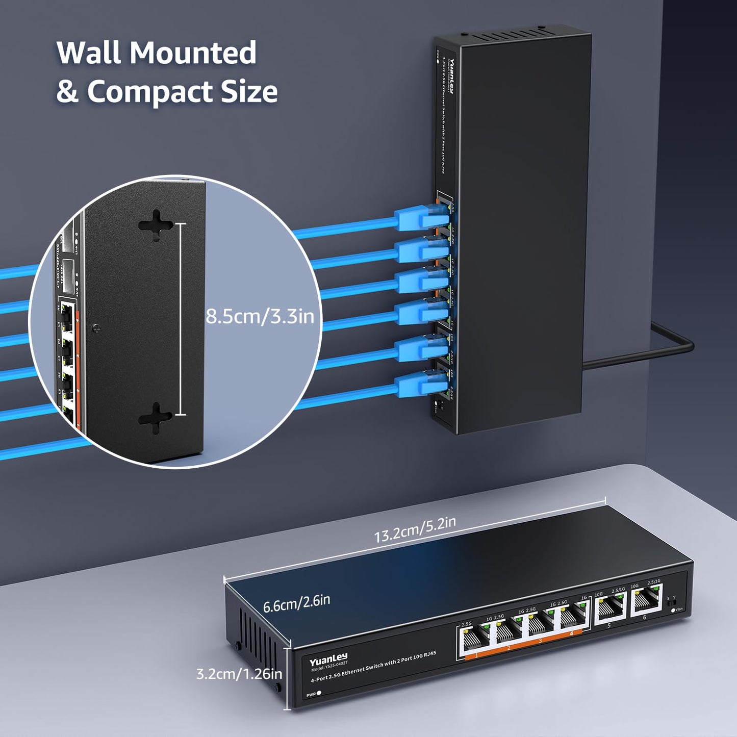 10Gb Ethernet Switch Unmanaged with 2 x 10Gbe RJ45 Ports, 4 x 2.5G Base-T Ports, Plug and Play, VLAN, Wall Mount, YuanLey 6-Port 10 Gigabit Network