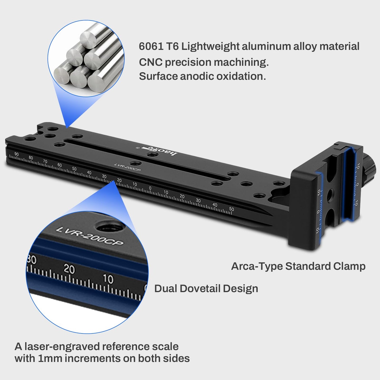 Haoge LVR-200CP 200mm Dual Dovetails Nodal Slide Vertical Rail with 90 Degree Quick Release Clamp Compatible with Arca-Swiss SUNWAYFOTO