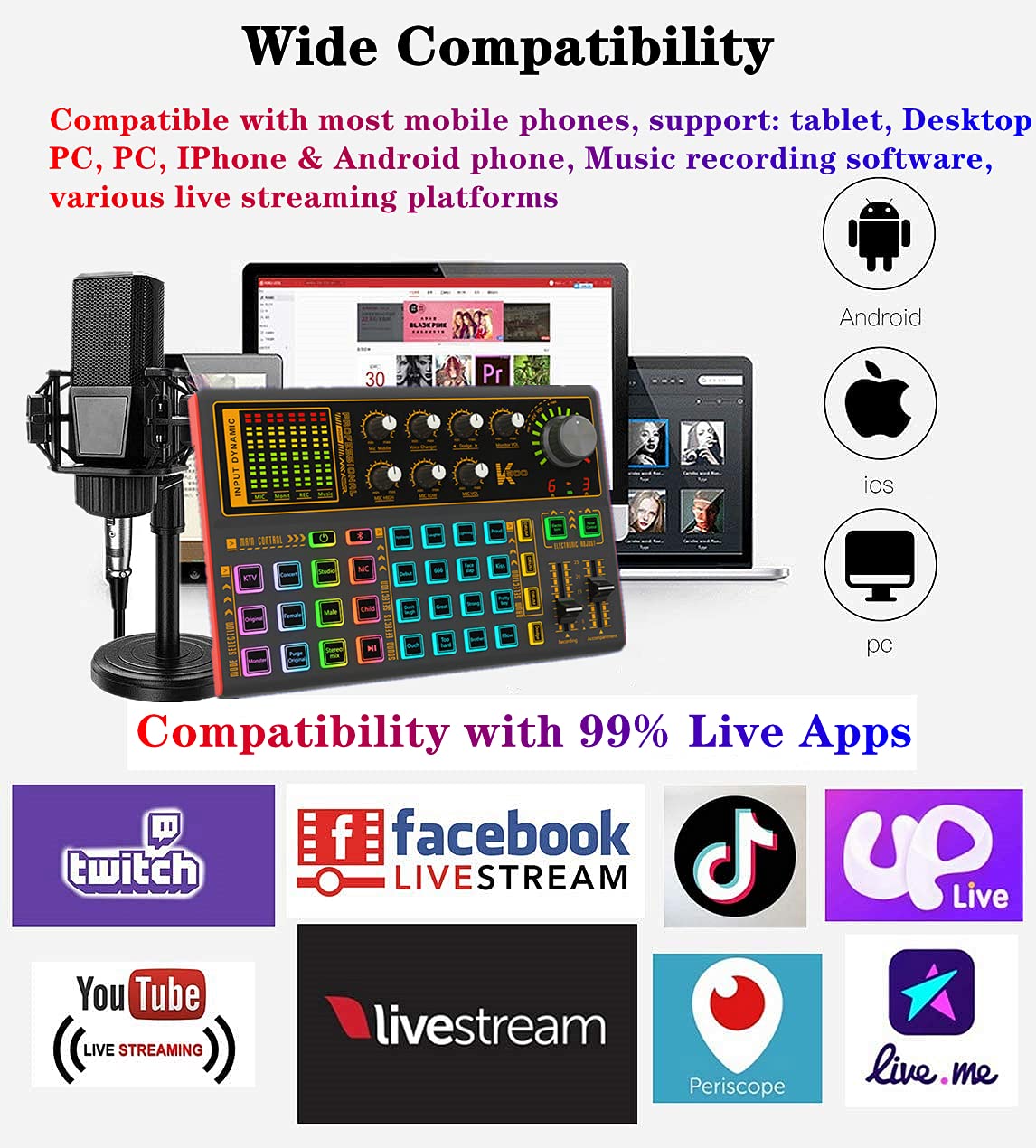 K300 Podcast Equipment Bundle, With Podcast Condenser Microphone, Voice Changer Sound Card with Multiple Sound Effects and LED Light, Prefect for