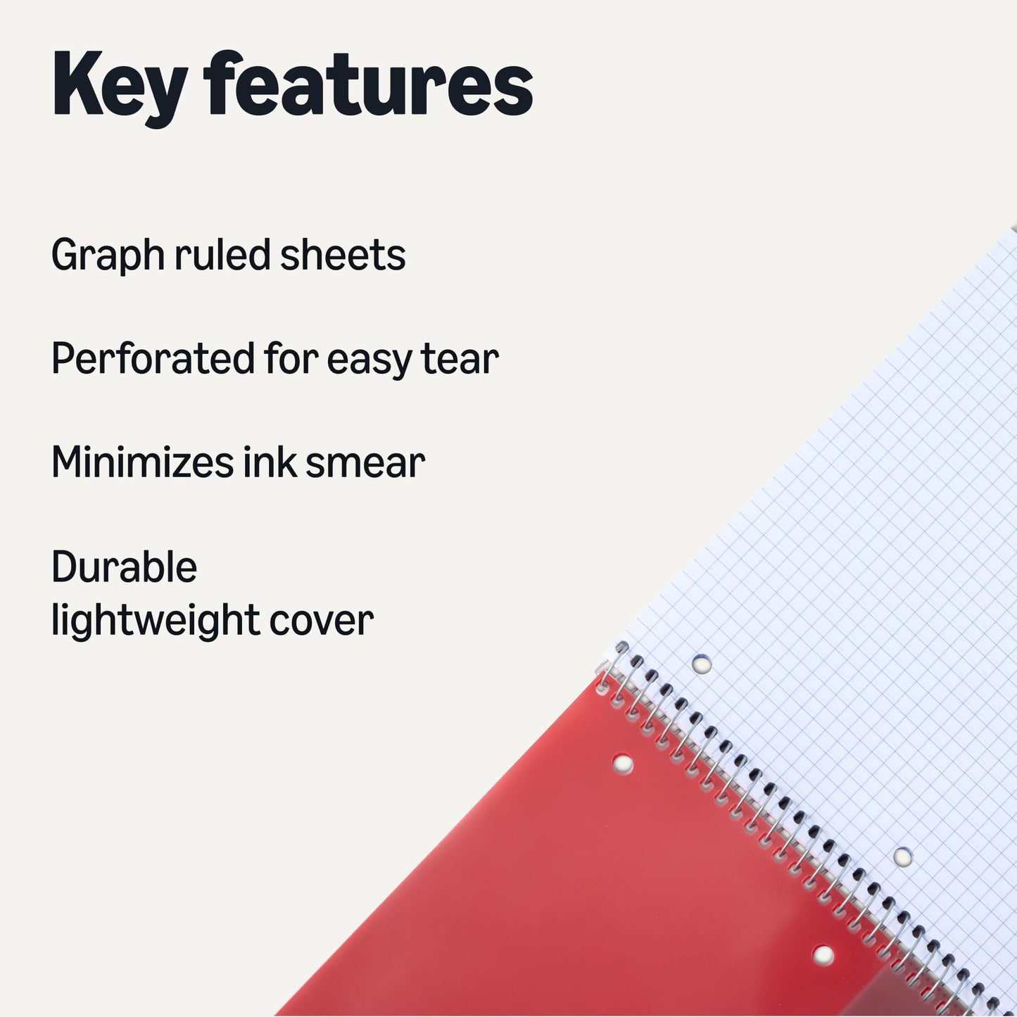 Amazon Basics 4x4 Graph Ruled Spiral Notebook, Poly Cover, 100 Sheets, 9" x 11", Coral, 3 pack
