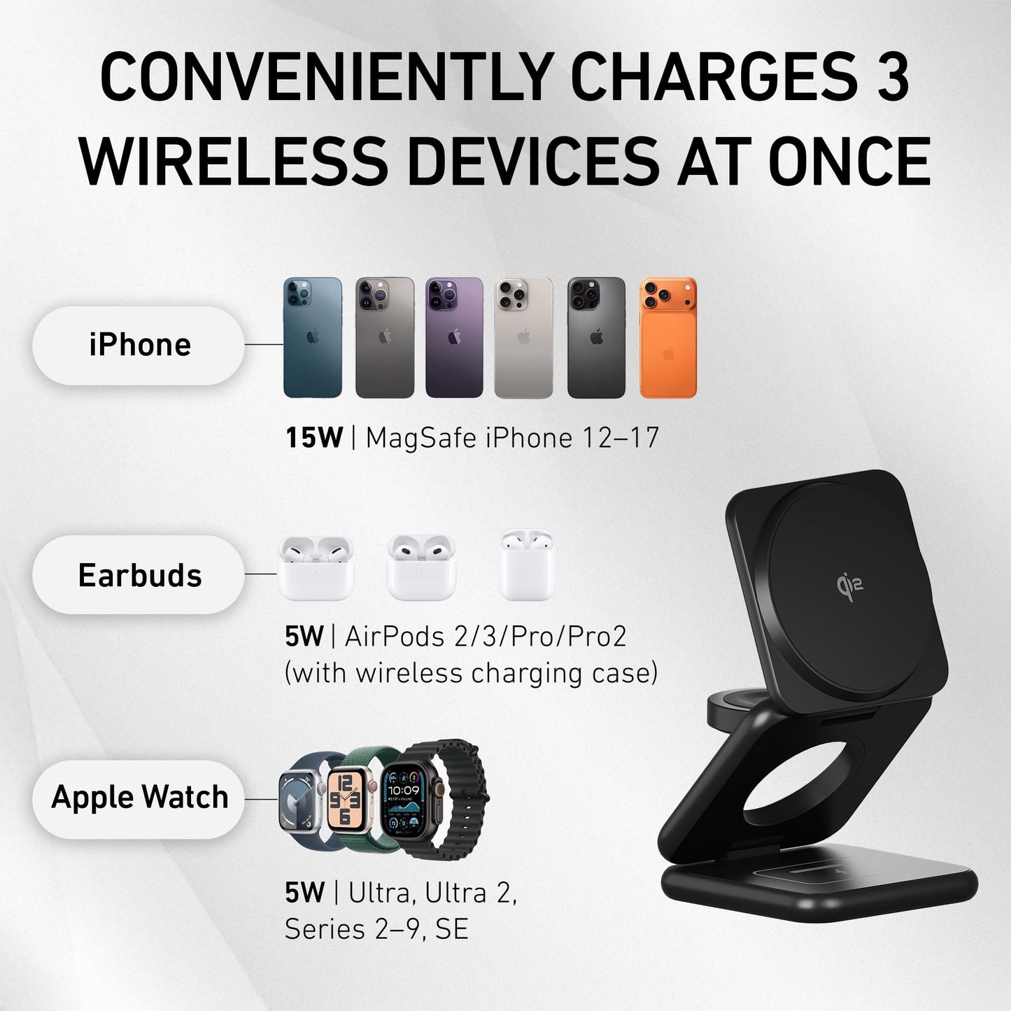 Peel 3-in-1 Wireless Charging Stand - Qi2 Certified Fast Charger, Compatible with MagSafe iPhone 17/16/15/14/13/12, Apple Watch & AirPods, Ultra-Slim