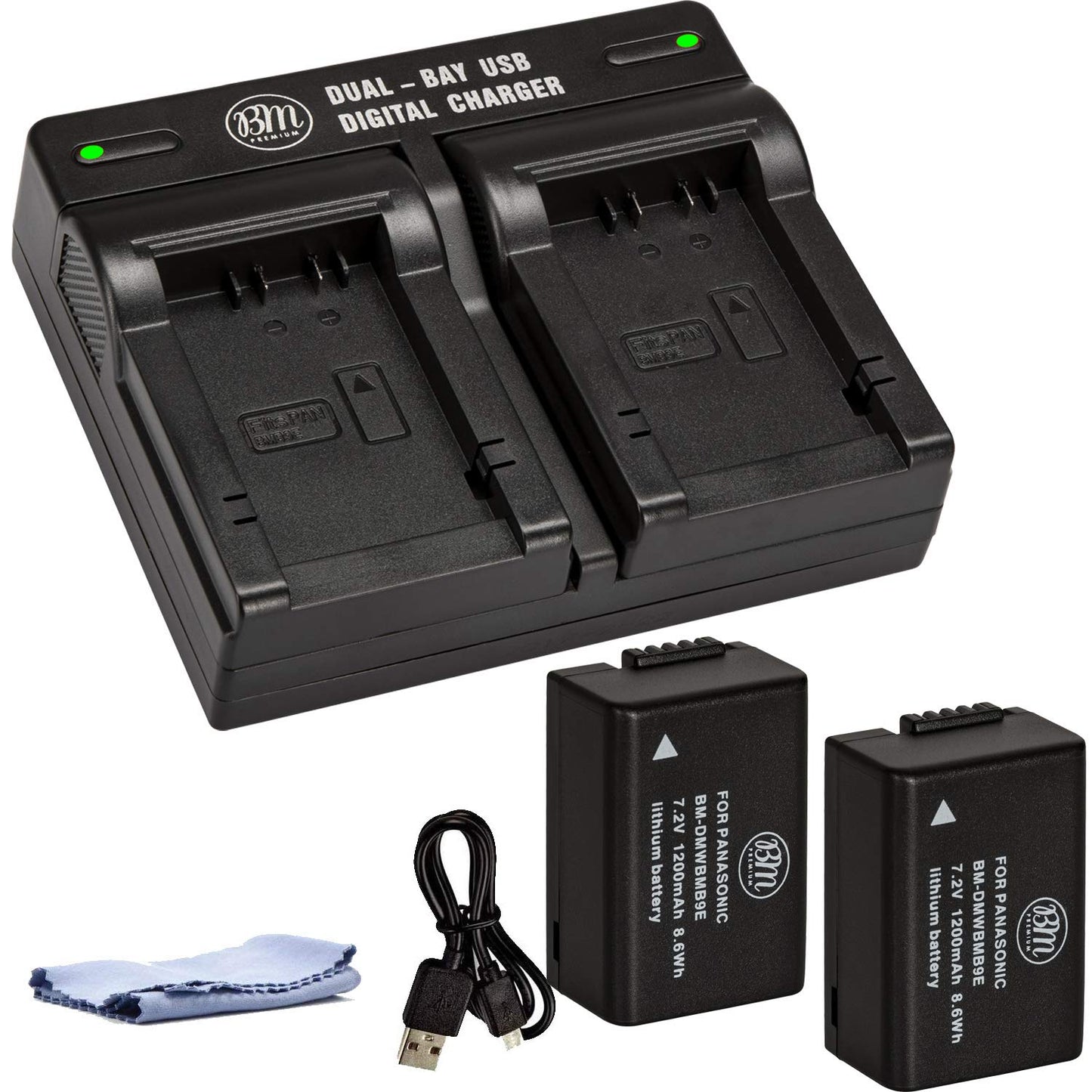 BM Premium 2 Pack of DMW-BMB9 Batteries and Dual Bay Battery Charger for Panasonic Lumix DC-FZ80, DC-FZ80D, DMC-FZ40K, DMC-FZ45K, DMC-FZ47K