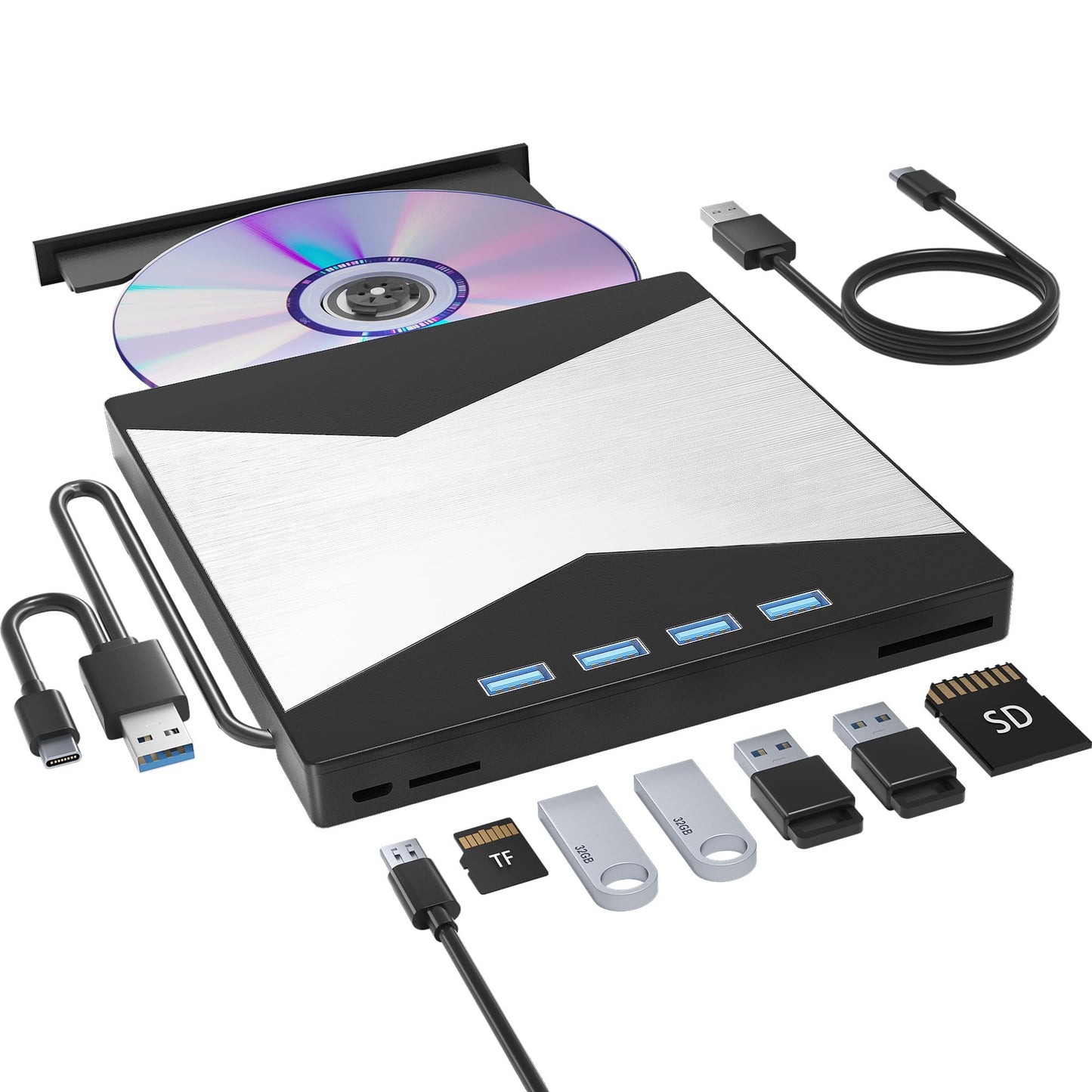 Wbacon External CD/DVD Drive for Laptop, DVD Player for Laptop, 8 in 1 Ultra-Slim CD Burner with 4 USB Ports and 2 TF/SD Card Slots, External Disk