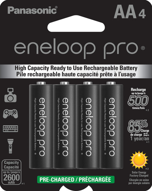 Panasonic BK-3HCCA4BA eneloop pro AA High-Capacity Ni-MH Pre-Charged Rechargeable Batteries, 4-Battery Pack