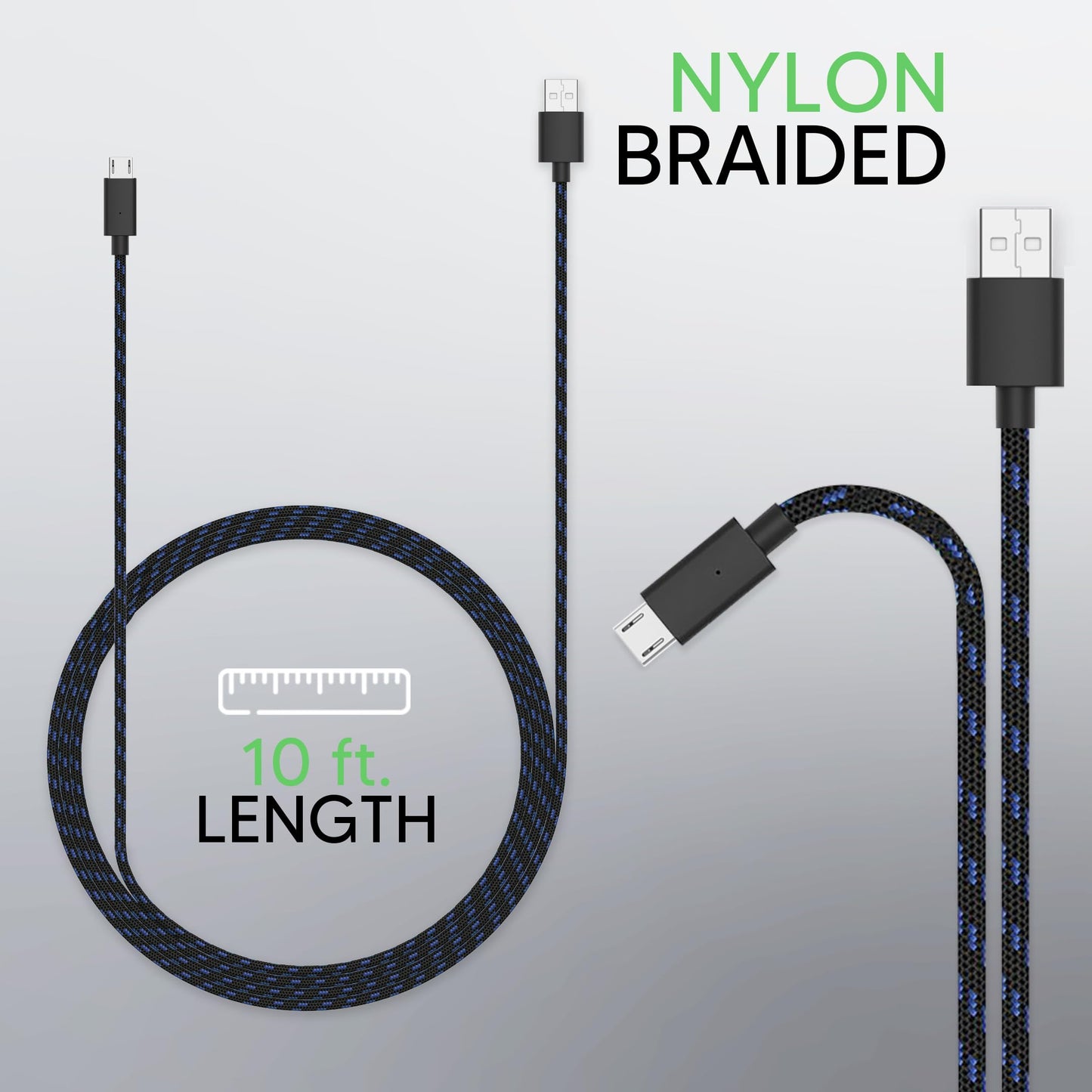 Talkworks Controller Charger Cord for Xbox One - 2 Pack 10 ft Nylon Braided Micro USB Charging Cable - Also Android Compatible with Samsung Galaxy
