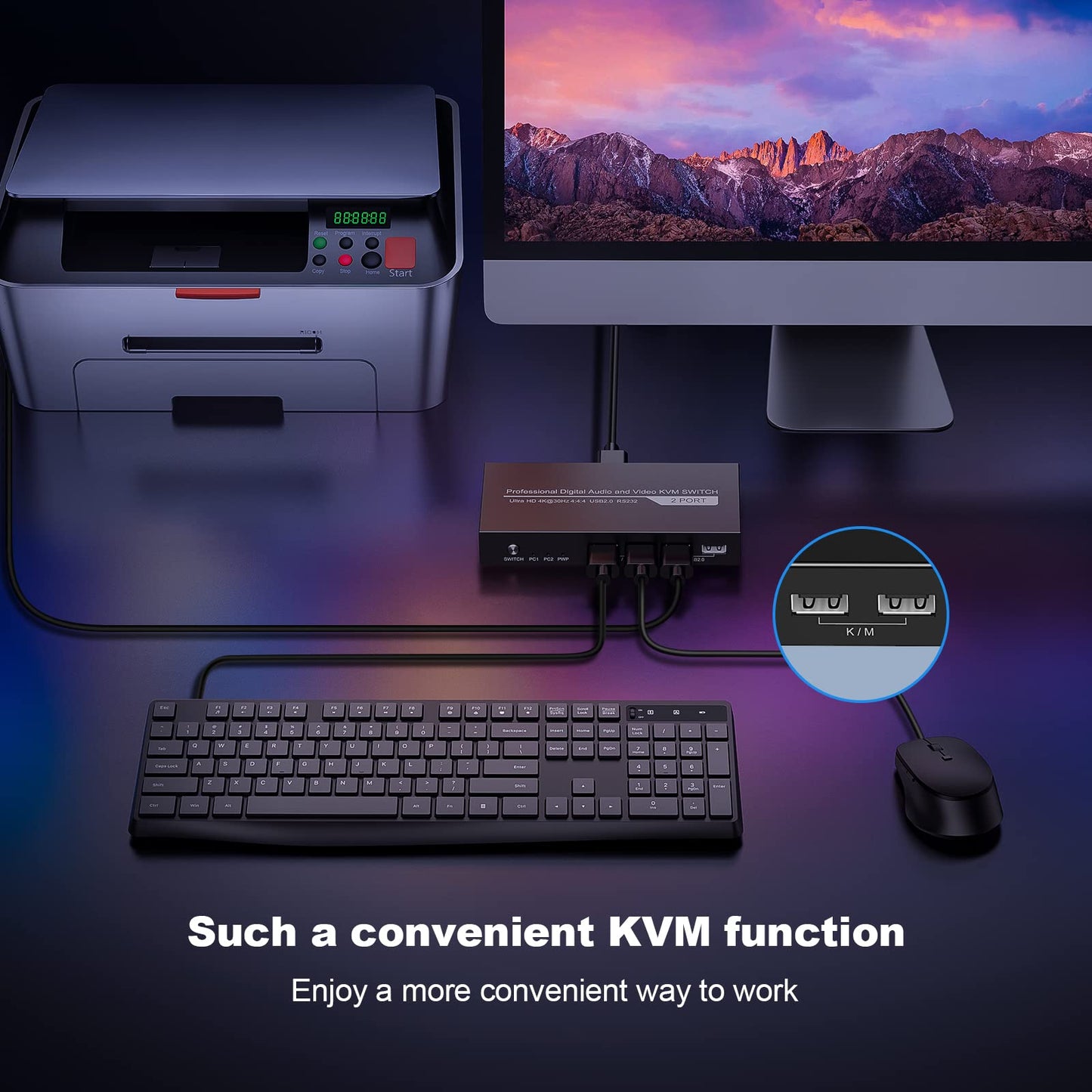 KVM Switch HDMI 2 Port, JCHICI 4K@60Hz USB KVM Switcher for 2 Computers Share 1 HD Monitor and a Set of Keyboard Mouse Printer U Disk