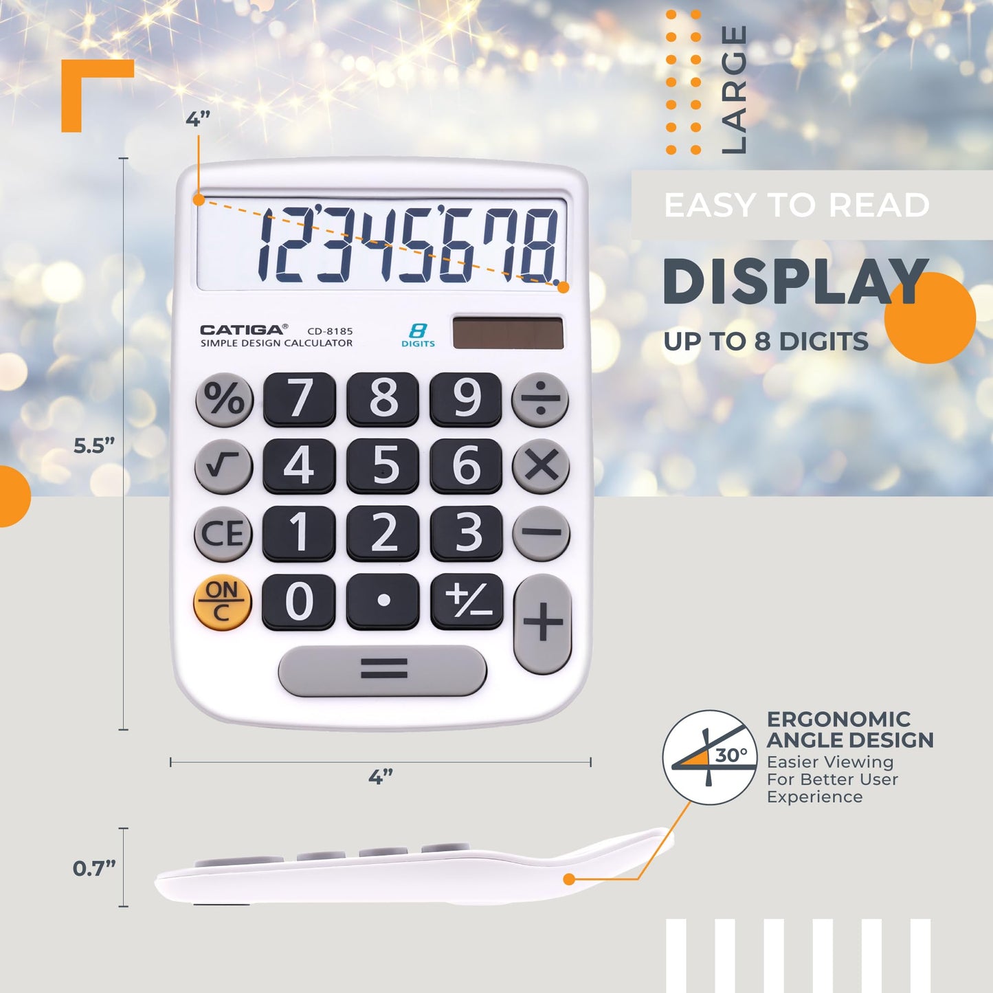 CATIGA Desktop Calculator 8 Digit with Solar Power and Easy to Read LCD Display, Big Buttons, for Home, Office, School, Class and Business, 4 Function