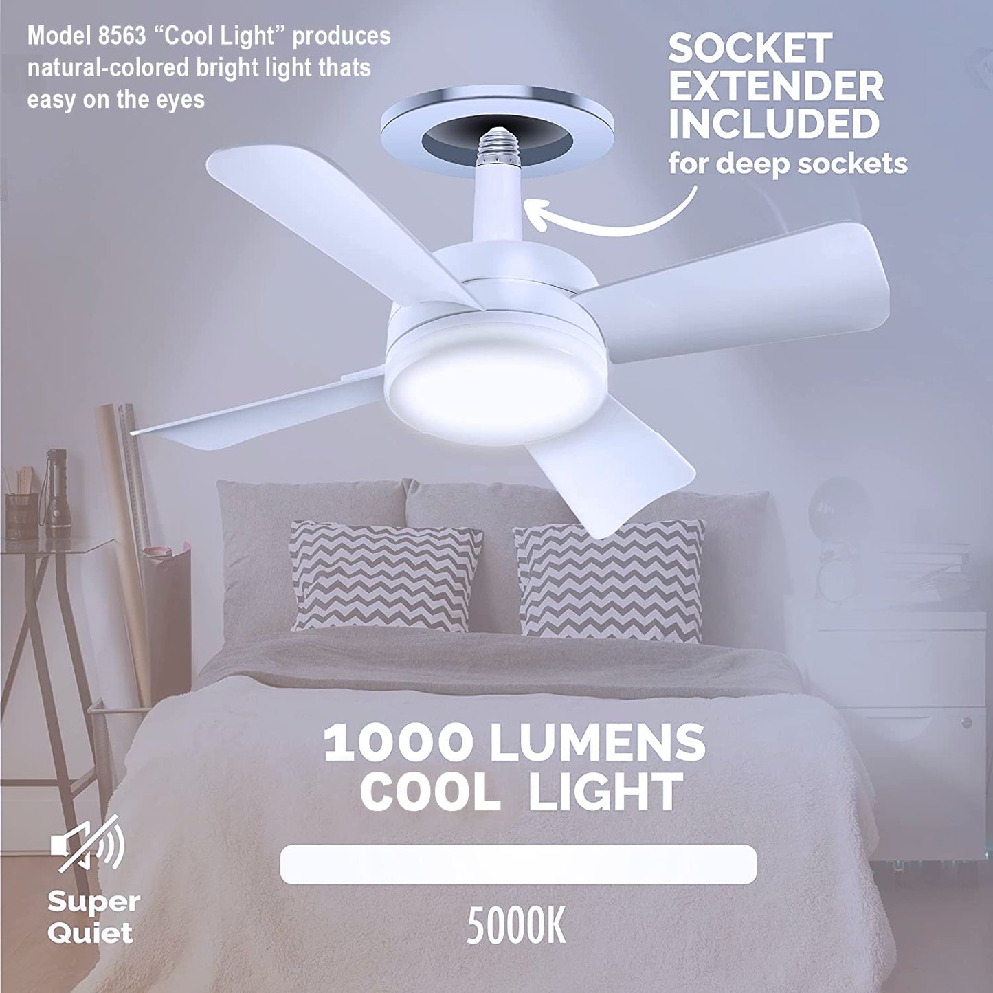 Bell+Howell Socket Breeze Modern Ceiling Fans with LED Lights, 10" LED E26 Screw Base Mini Light Socket Fan for Bedroom, Living Room, Kitchen, Balcony