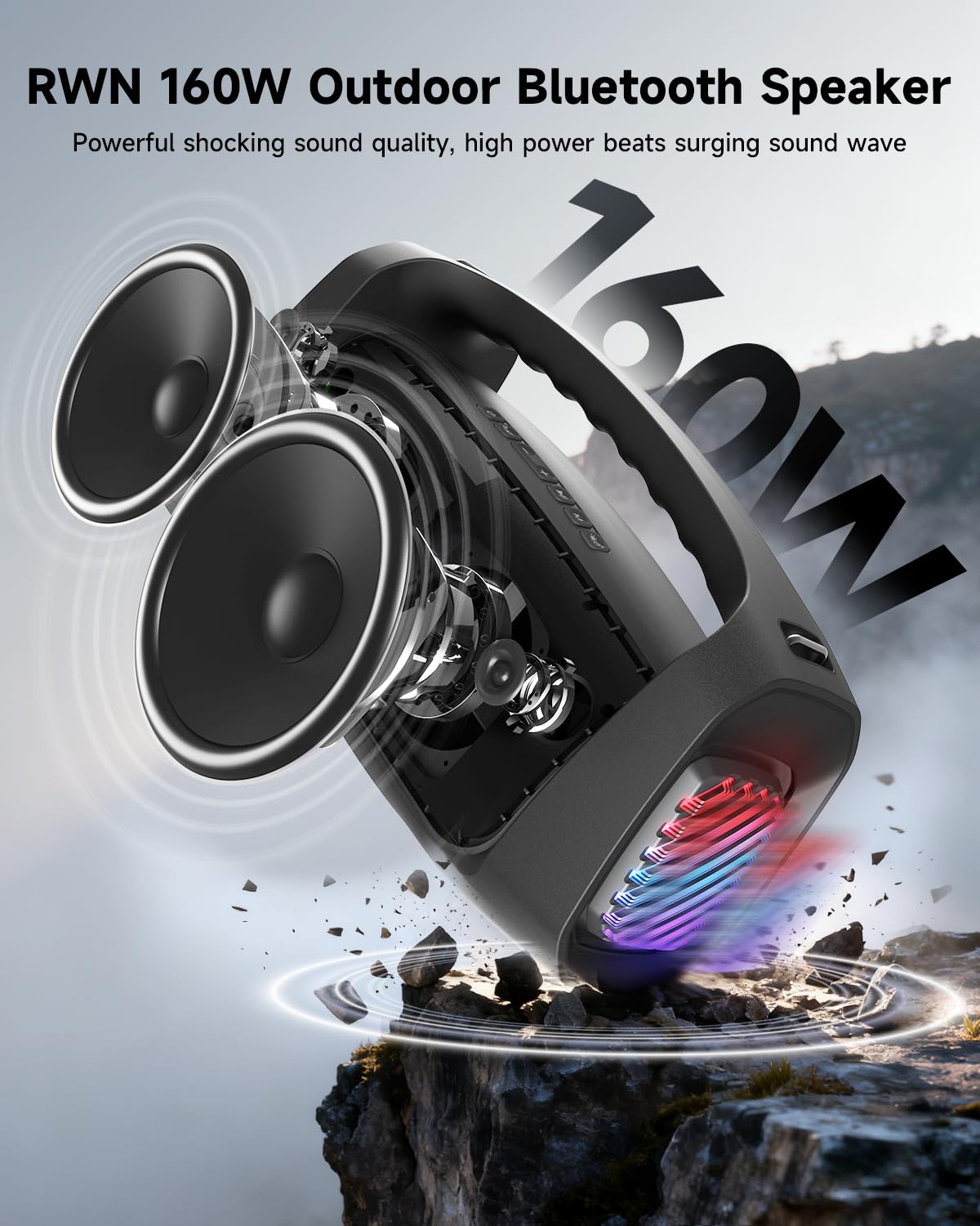 RWN Outdoor Bluetooth Speaker: 160W Loud Sound, IP67 Waterproof with 24H Playtime, Fast Charge, Bass, TWS, Portable Wireless Speakers with Light Show