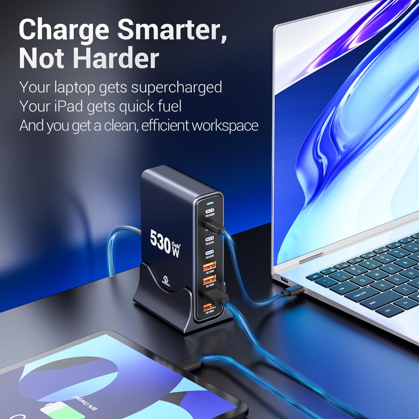 Zeroffi 530W USB C Charging Station, 8-Port Desktop Charger, PD 140W PD 65W QC 30W GaN ? Fast USB Charger Block for MacBook, Ipad, iPhone, Samsung