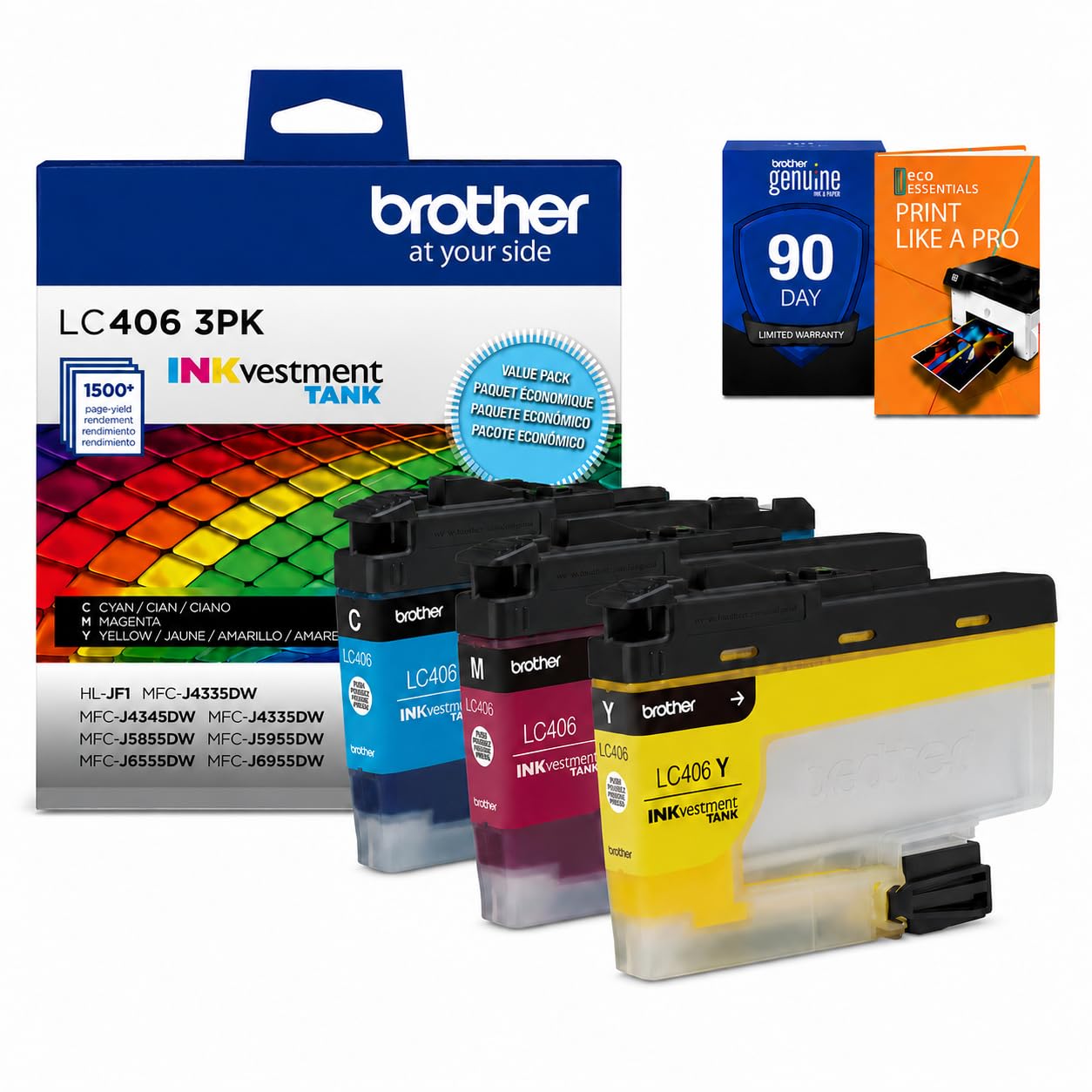 Brother Genuine LC406 3-Pack Color Standard Yield Ink Cartridges (Cyan, Magenta, Yellow) Bundle with Deco Essentials Printer eBook for MFC-J4335DW