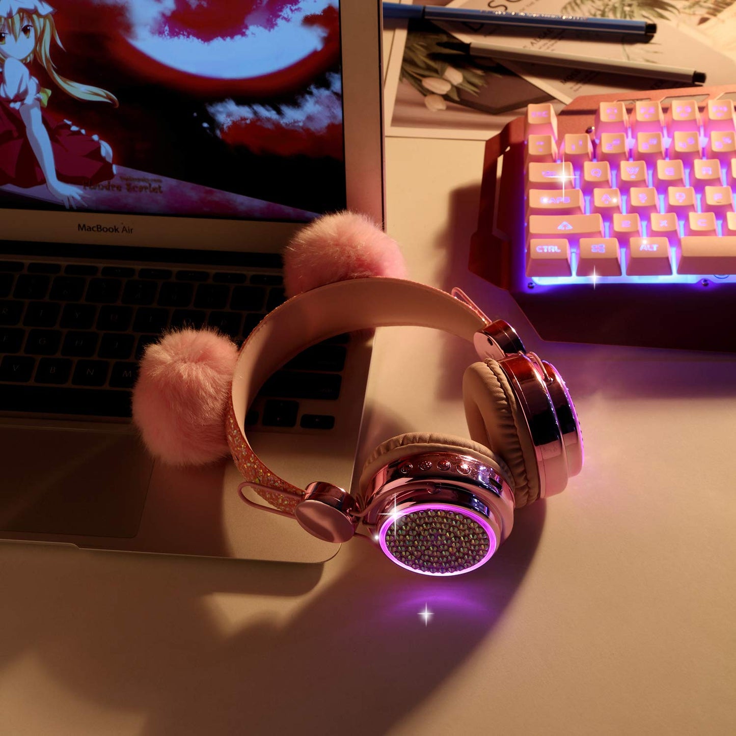 KORABA Wireless Girls Headphones Bluetooth, LED Light up Color Changing Kids Headphones with MIC, 10 Hours Anime Cute Headsets for School,Parties…