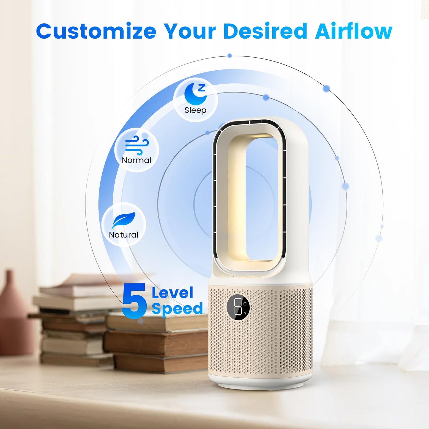Misby Desk Fans Small Quiet, 13 Inch Bladeless Table Fan, 5 Speeds, 70° Oscillating Fan with Night Light and Timer, Desktop Cooling Fan for Bedroom
