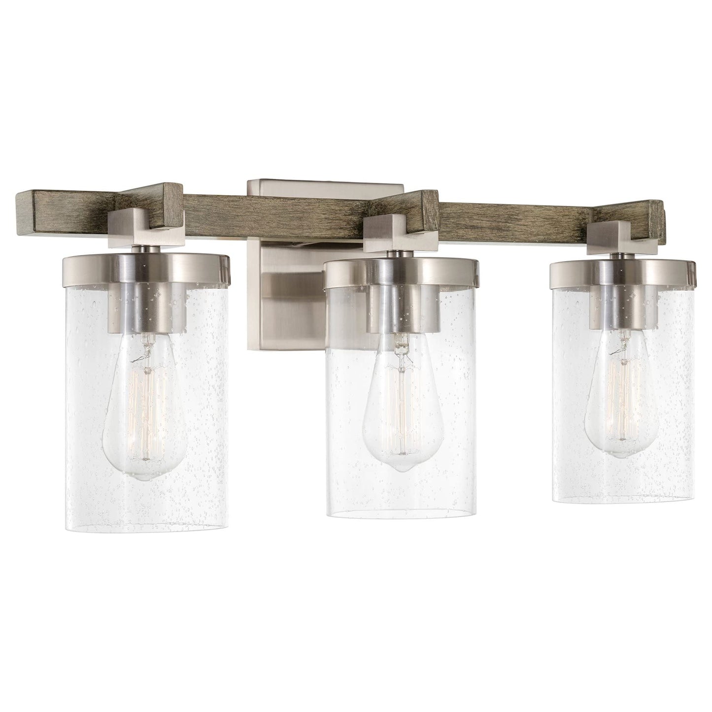 Kira Home Concord 22" 3-Light Farmhouse Vanity Light with Seeded Glass Cylinder Shades, Hand-Painted Wood Grain Metal Bathroom Light, Reclaimed Oak
