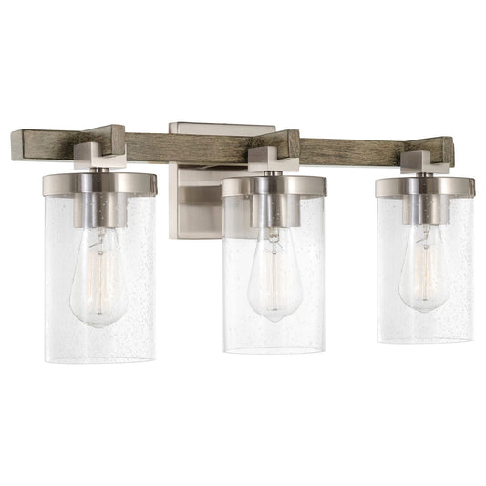 Kira Home Concord 22" 3-Light Farmhouse Vanity Light with Seeded Glass Cylinder Shades, Hand-Painted Wood Grain Metal Bathroom Light, Reclaimed Oak