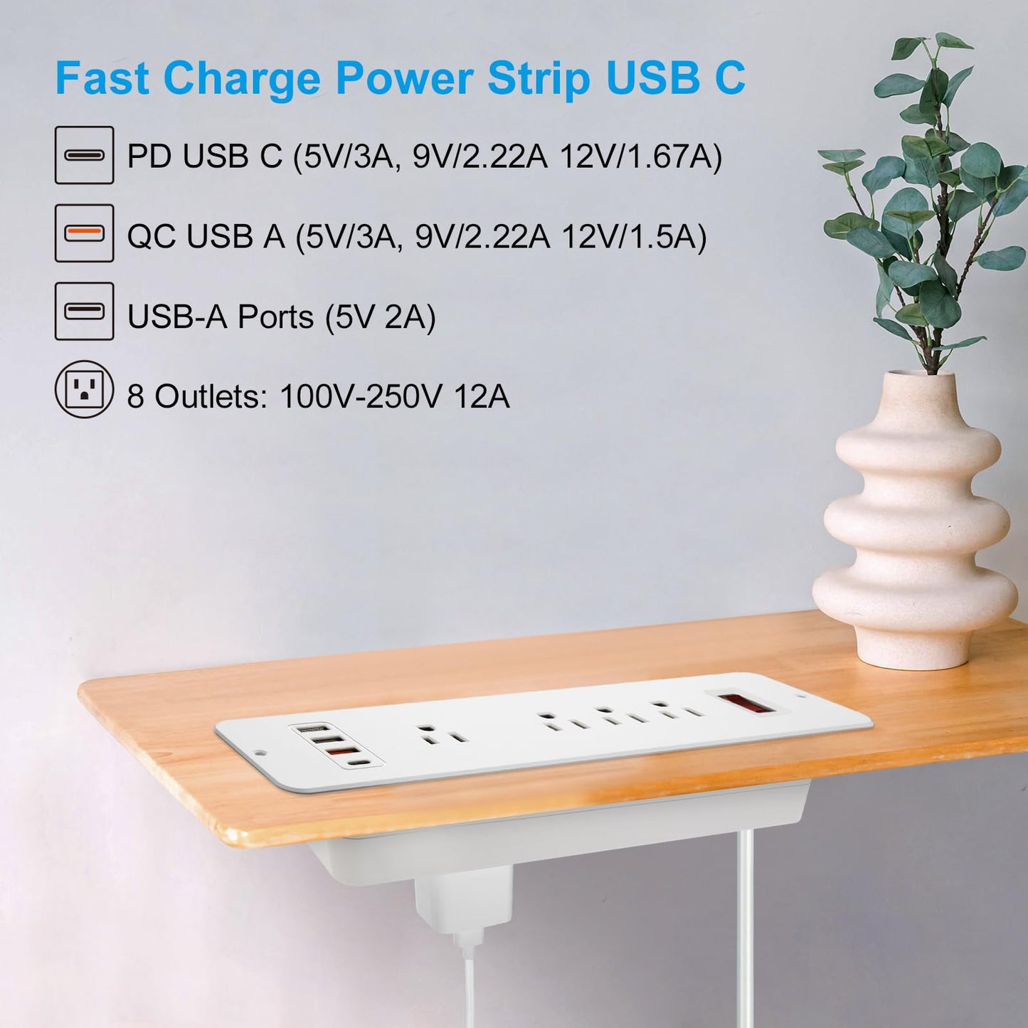Double Side USB C Recessed Power Strip,Countertop Plugs 8 Outlets 4 USB Ports, PD 20W Flush Mount Desk Plug Station Flat Plug Mountable Power Socket