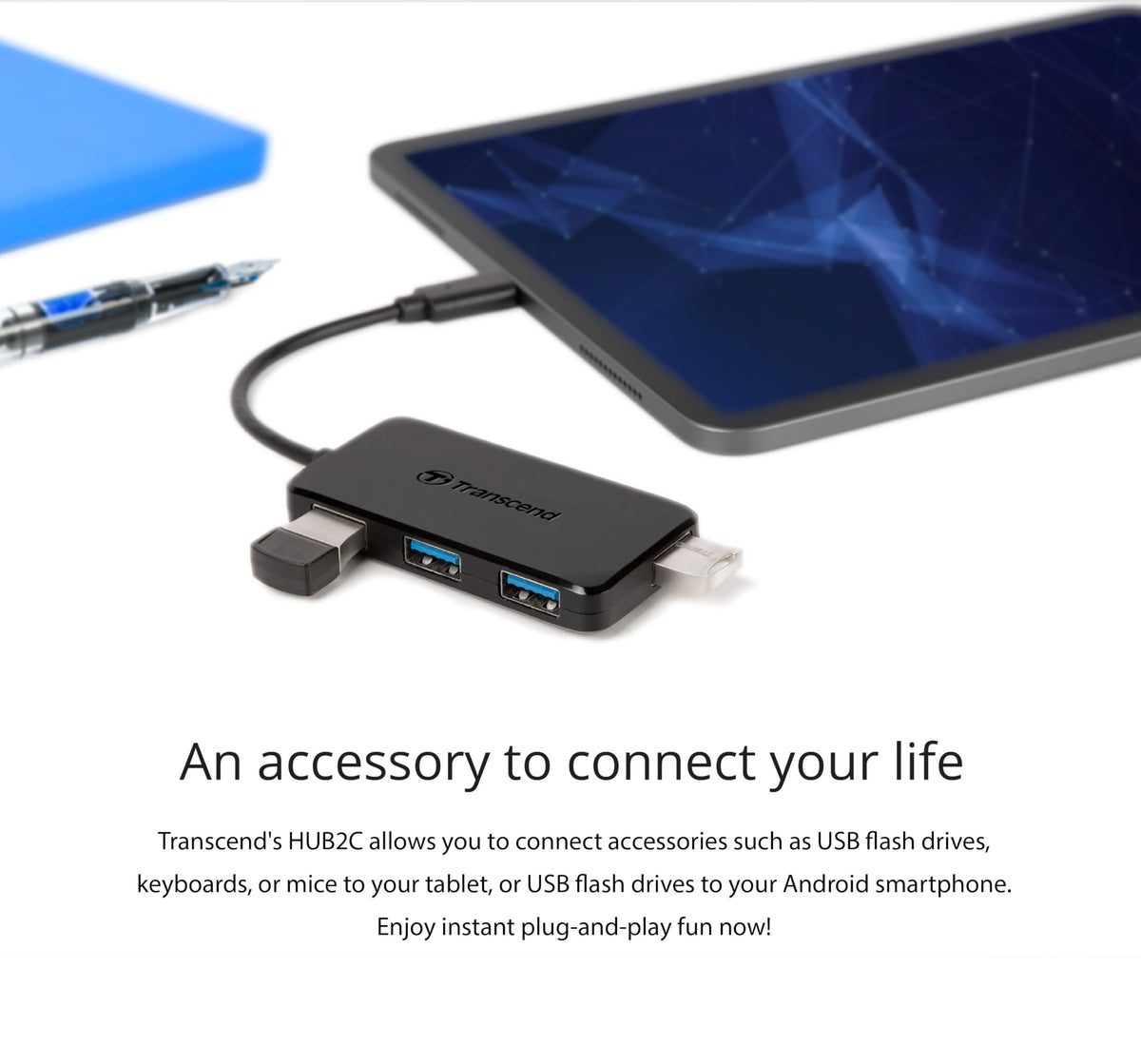 Transcend HUB2 USB 3.0 Hub, 4 Ports USA A, USB 3.1, Ultra Slim, 10cm Cable