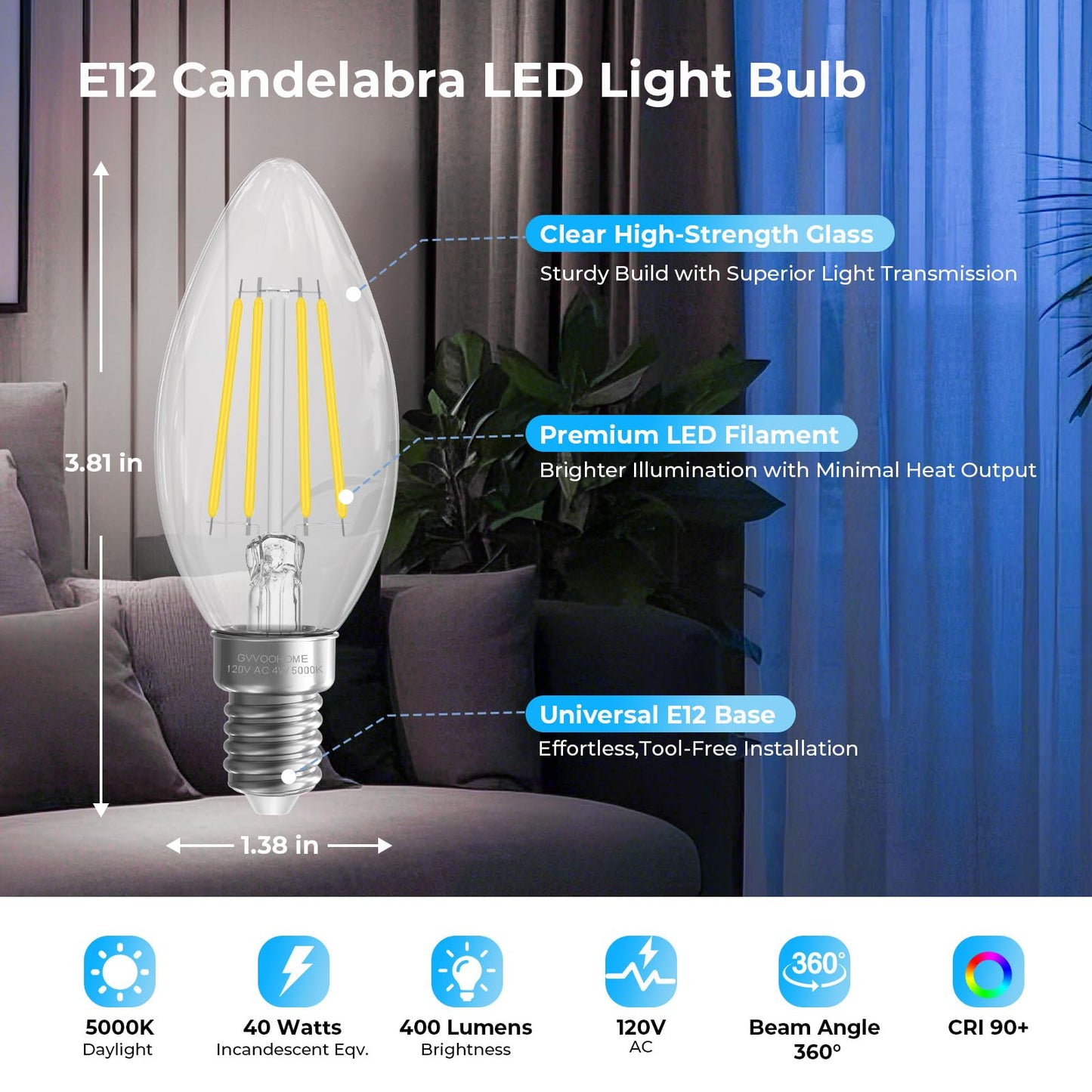 GvvooHome E12 Candelabra Bulb, 5000K Daylight LED Chandelier Light Bulbs