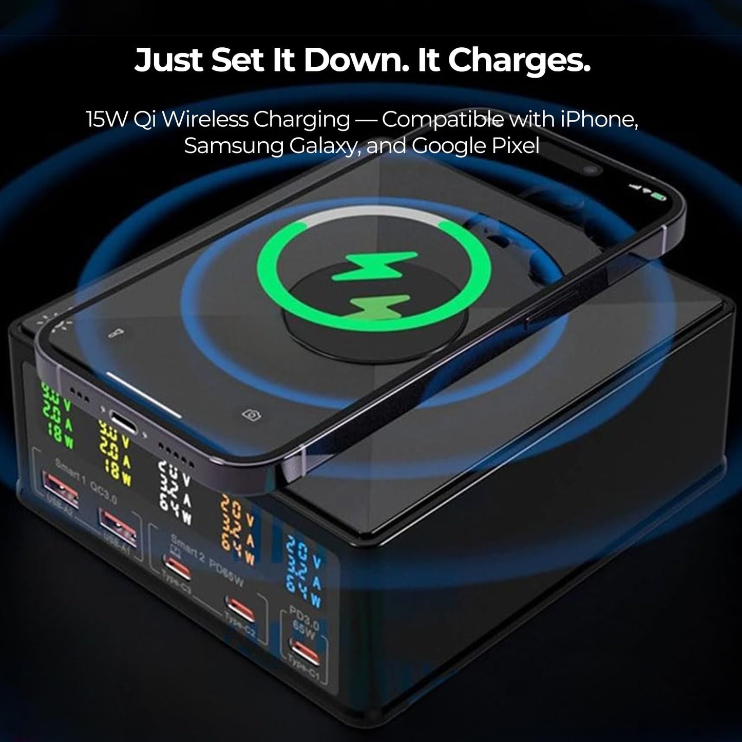 160W Desktop Charging Station 6-in-1: USB-C PD 65W Laptop Charger, QC 3.0, Qi Wireless Pad, Per-Port Digital Display On/Off - for MacBook, iPhone