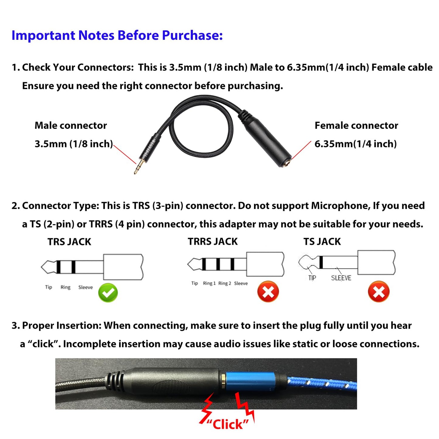 WISYIFIL 1/4 to 3.5mm Headphone Cable Adapter,TRS 6.35mm Female to 3.5mm Male 1/8 to 1/4 Stereo Audio Adapter,for Headphone, Amplifiers, Guitar, Amp