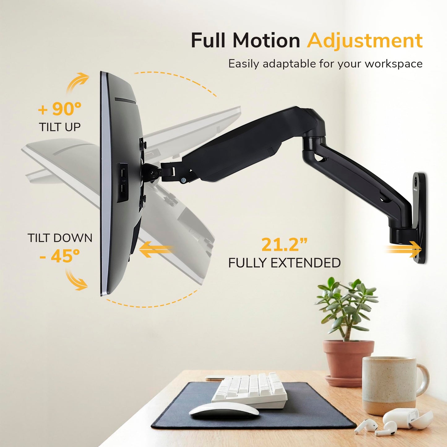 Mount-It! Monitor Wall Mount Arm, Full-Motion Gas Spring, Fits 13-32? Screens up to 14.3 lbs, VESA 75x75 & 100x100, Tilt Swivel Rotate, Single-Stud