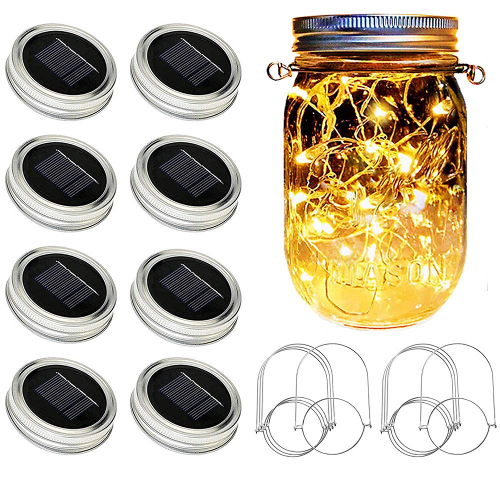 SunKite Solar Mason Jar Lights [Updated], 8 Pack 20 LED Waterproof Fairy Firefly Jar Lids String Lights with Hangers(NO Jars), Patio Yard Garden