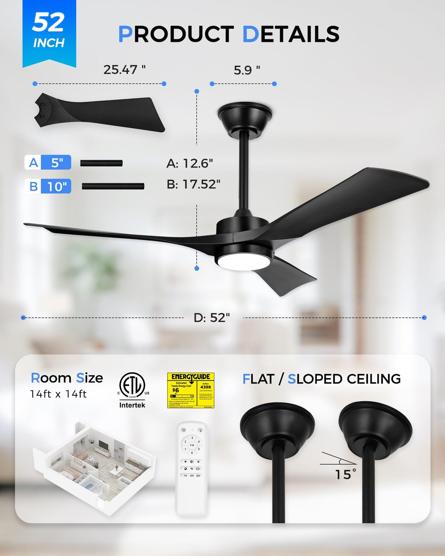 JAZAVA 52" 3-Blade Ceiling Fan with Light & Remote, Damp Rated, Black
