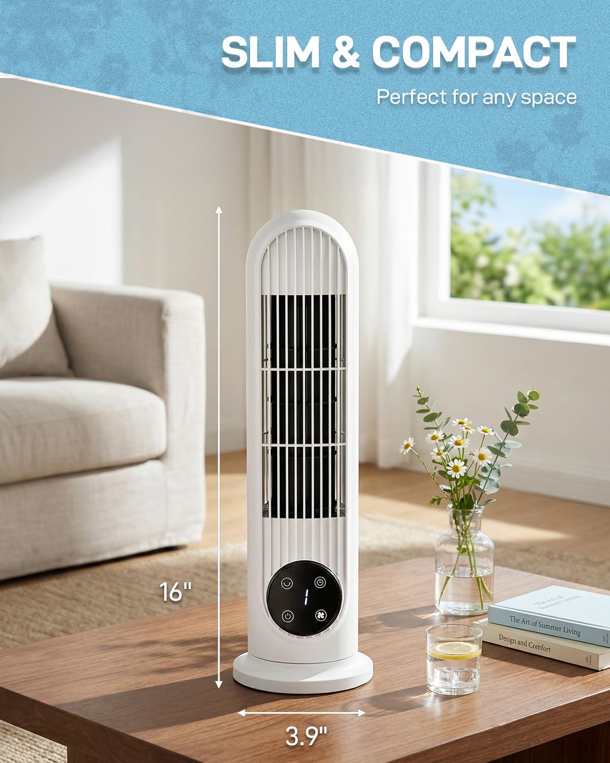 16 Inch Mini Column Tower Fan,Home Use Floor & Wall Mount Tower Fan,White