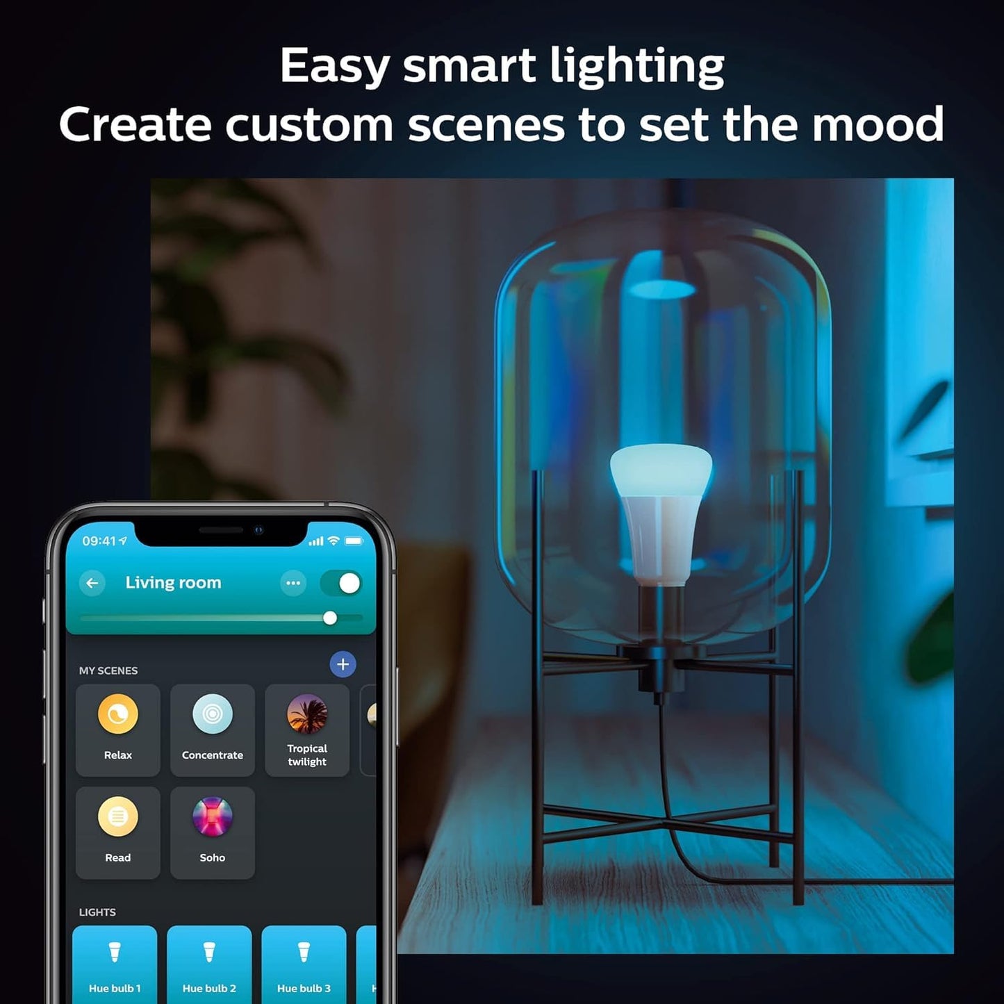 Philips Hue Smart Light Bulbs Starter Kit, 1 Bridge + 2 60W A19 Bulbs