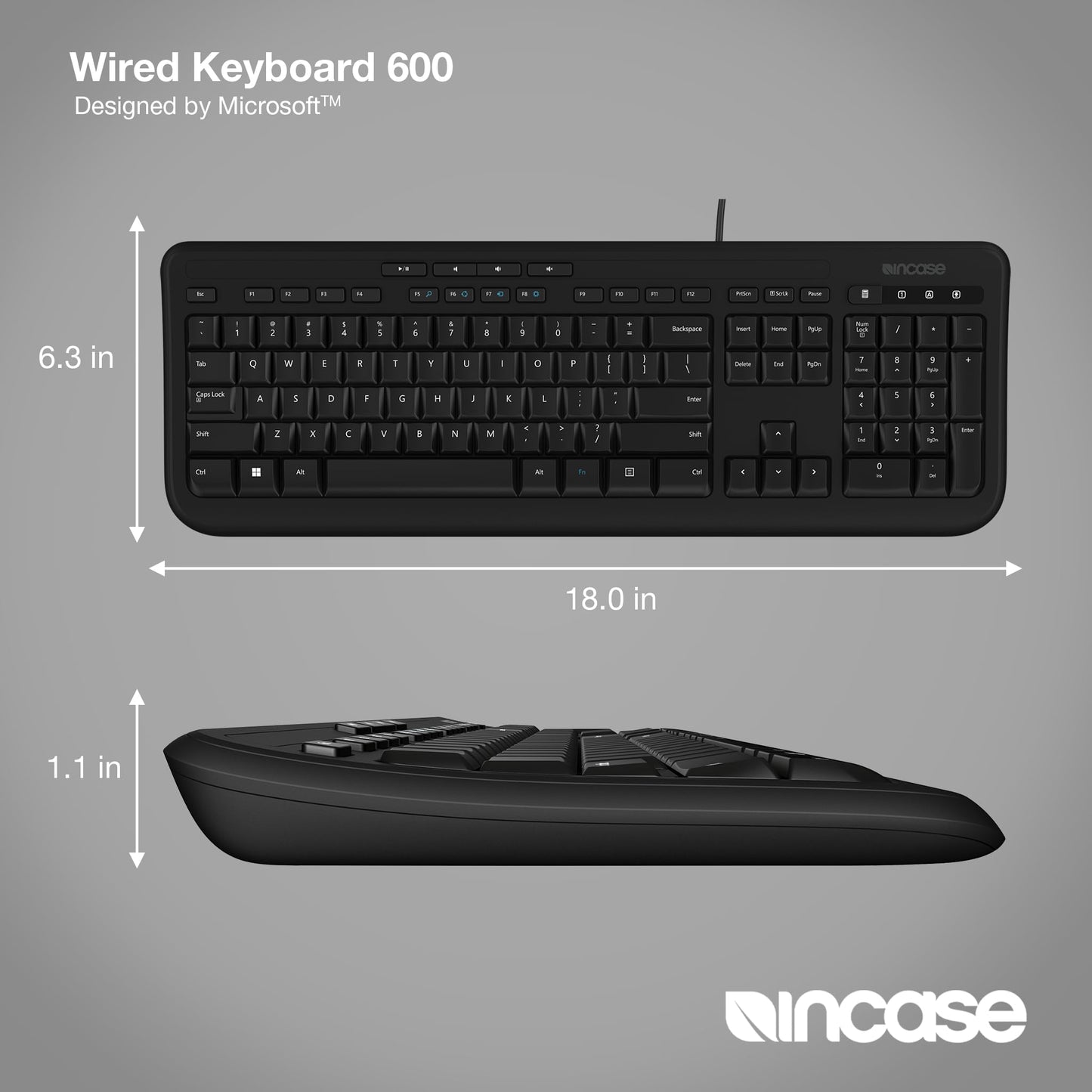 Incase Wired Keyboard 600 - Designed by Microsoft - Spill Resistant, Quiet Touch Keys, Plug and Play, 4 Hotkeys, Windows Start Key - Black