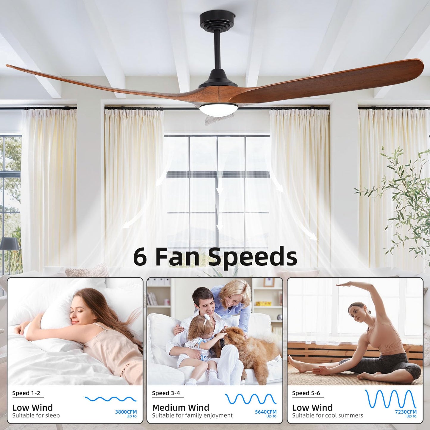 Homlit Ceiling Fan with Lights, 72'' Solid Wood Indoor/Outdoor Ceiling Fan with Quiet Reversible DC Motor, Compatible with Alexa/Google/App, 3CCT