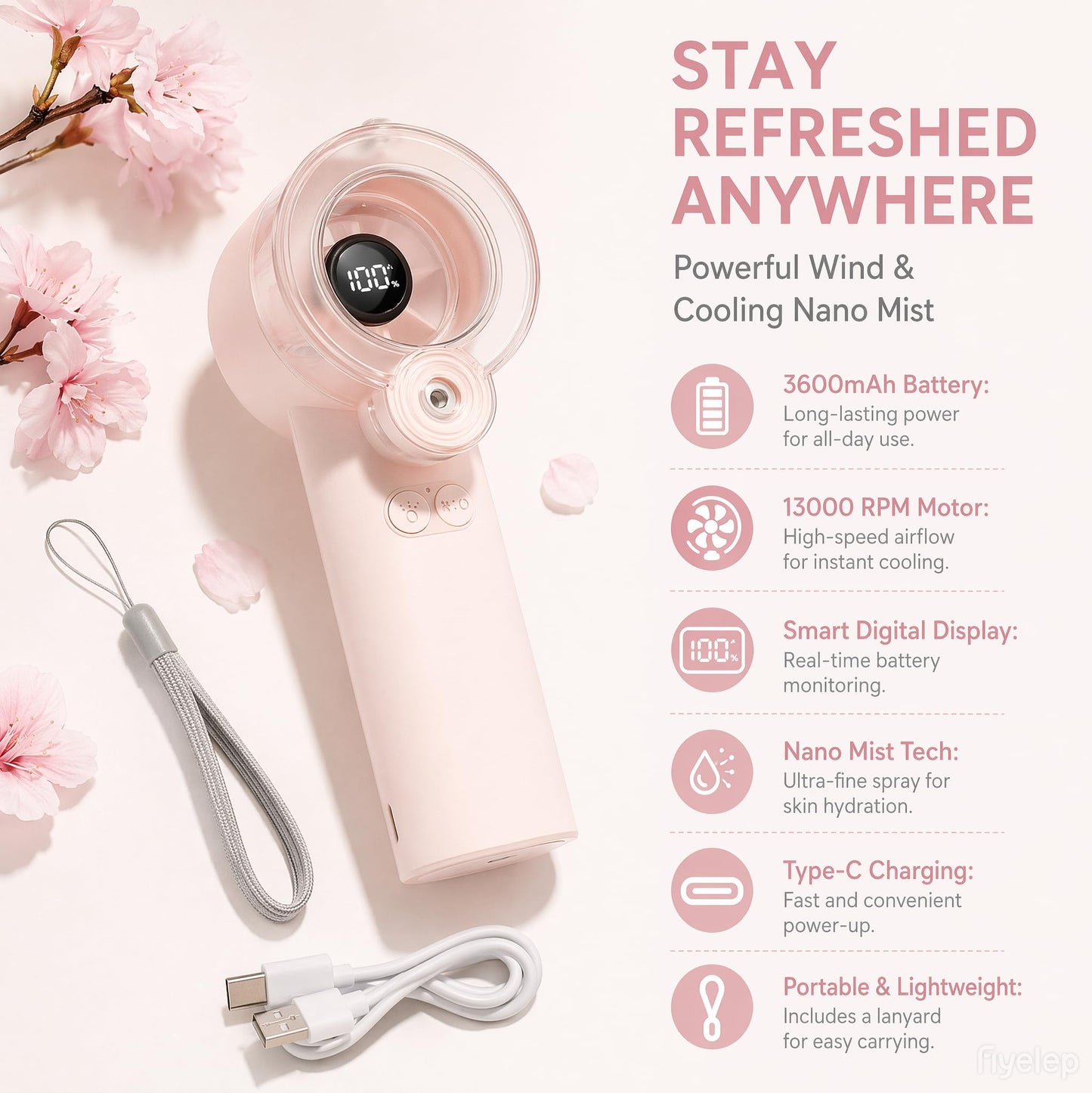 Redcomets Portable Misting Fan, Sakura Pink, 36000 RPM, Nano Mist, Smart Digital Display, 3600mAh Battery, with Lanyard and Type-C Charging Cable
