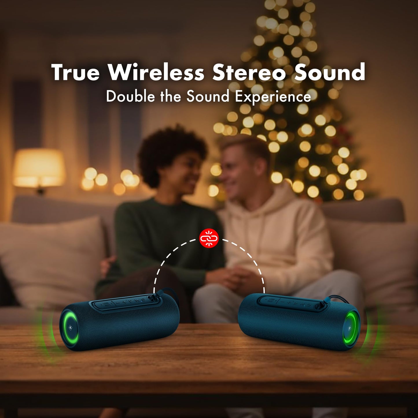 Fisher Portable Bluetooth Speakers IPX5 Waterproof Speaker, 14W PEAK Power Stereo Bluetooth Speaker, RGB Lights, TWS, BT 5.3, Built-in Mic, Hands Free