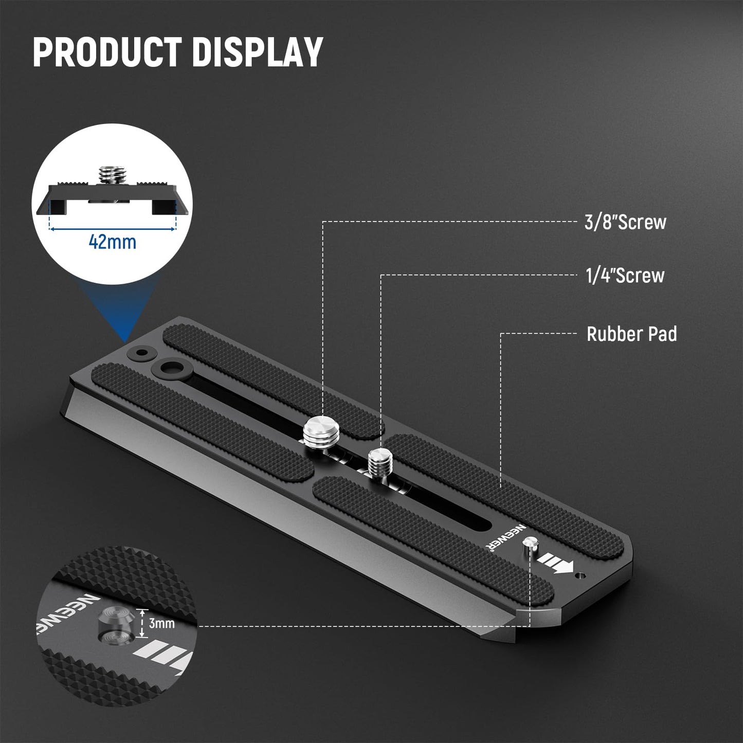 NEEWER 501PL Tripod Quick Release Plate Compatible with MVH500AH MVH502AH, 6.3"/16cm Extended Camera Mounting Plate with 1/4" 3/8" Screws, Anti Off