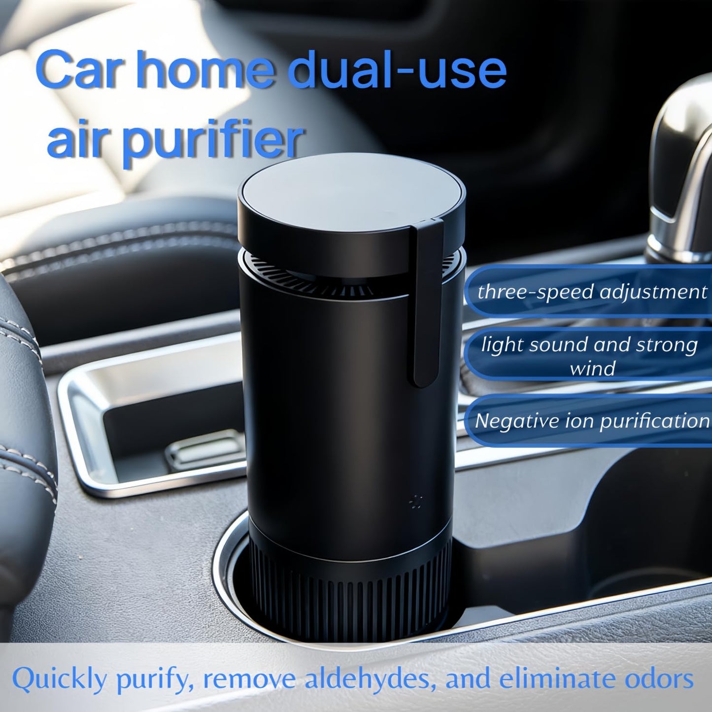 Aluminum alloy Portable Air Purifier for Car and Home, Black, DC 5V, 15 CFM Airflow, Negative Ion Purification, 3-Speed Adjustment, Quiet Operation