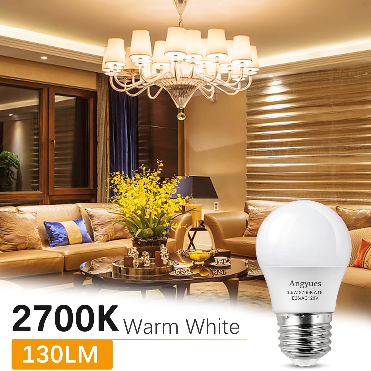 Angyues 15W Light Bulb Equivalent, A15 15 Watt Light Bulbs 2700K Soft White 120V E26 1.5W LED Bulb,Low Watt Light Bulbs Table Lamp Bulb for Bedroom 12