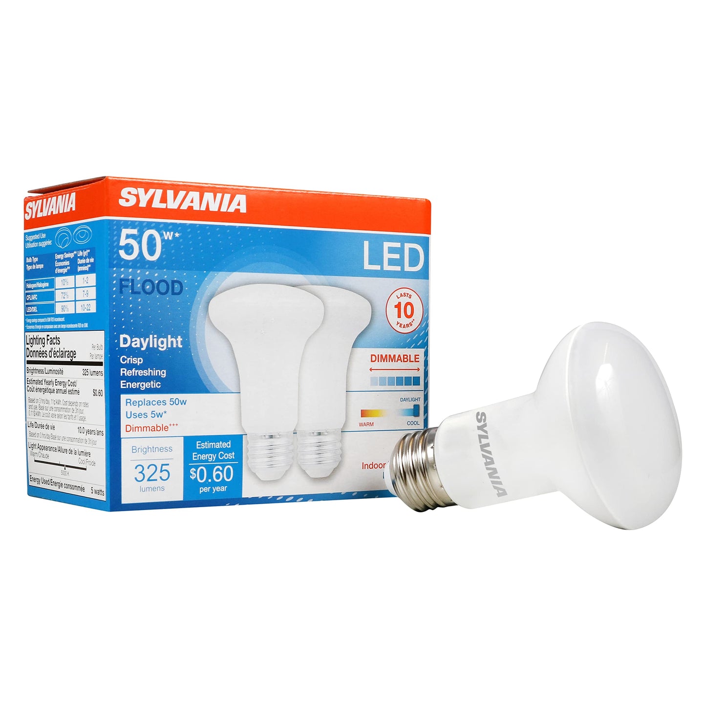 Sylvania LED R20 Flood Light Bulb, 50W = 5W, 10 Year, Dimmable, Frosted Finish, 325 Lumens, 5000K, Daylight - 2 Pack (73991)