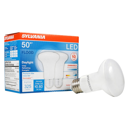 Sylvania LED R20 Flood Light Bulb, 50W = 5W, 10 Year, Dimmable, Frosted Finish, 325 Lumens, 5000K, Daylight - 2 Pack (73991)