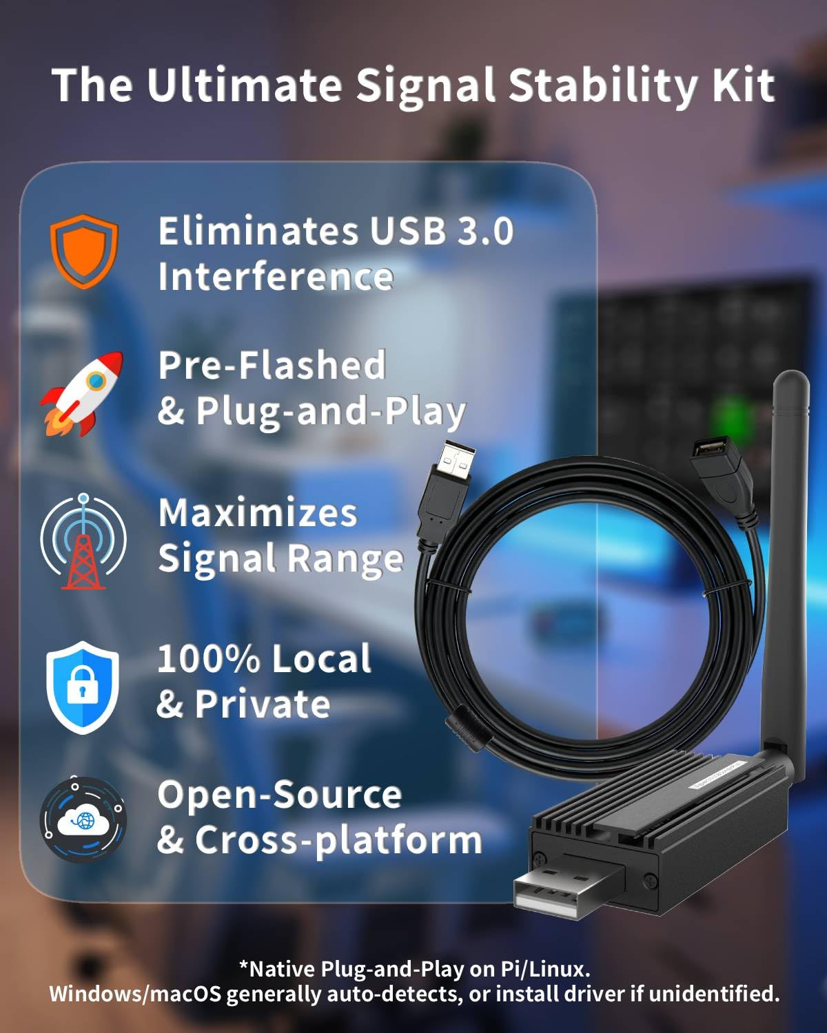 Zigbee 3.0 USB Dongle Plus-E (ZBDongle-E) Kit with 1.5m Shielded Extension Cable | Solves USB 3.0 Interference | EFR32MG21 Coordinator +20dBm for Home