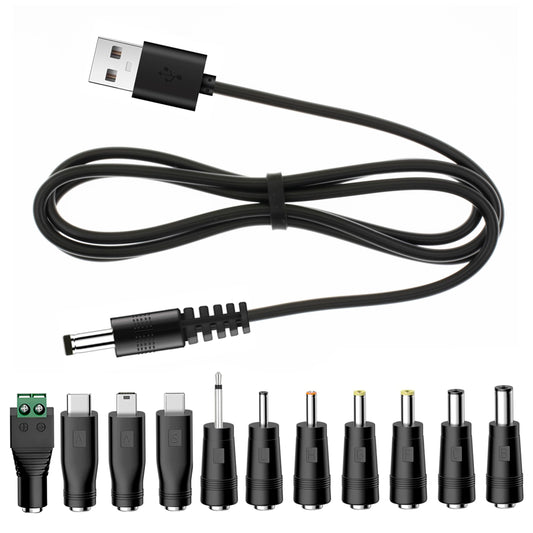 YiKaiEn Universal Charger Power Core, 5V USB to DC 5.5x2.1mm, Charging Cable with 11 Connectors (Micro-USB, Type-C, Mini USB, 2.5x0.7, 3.0x1.1