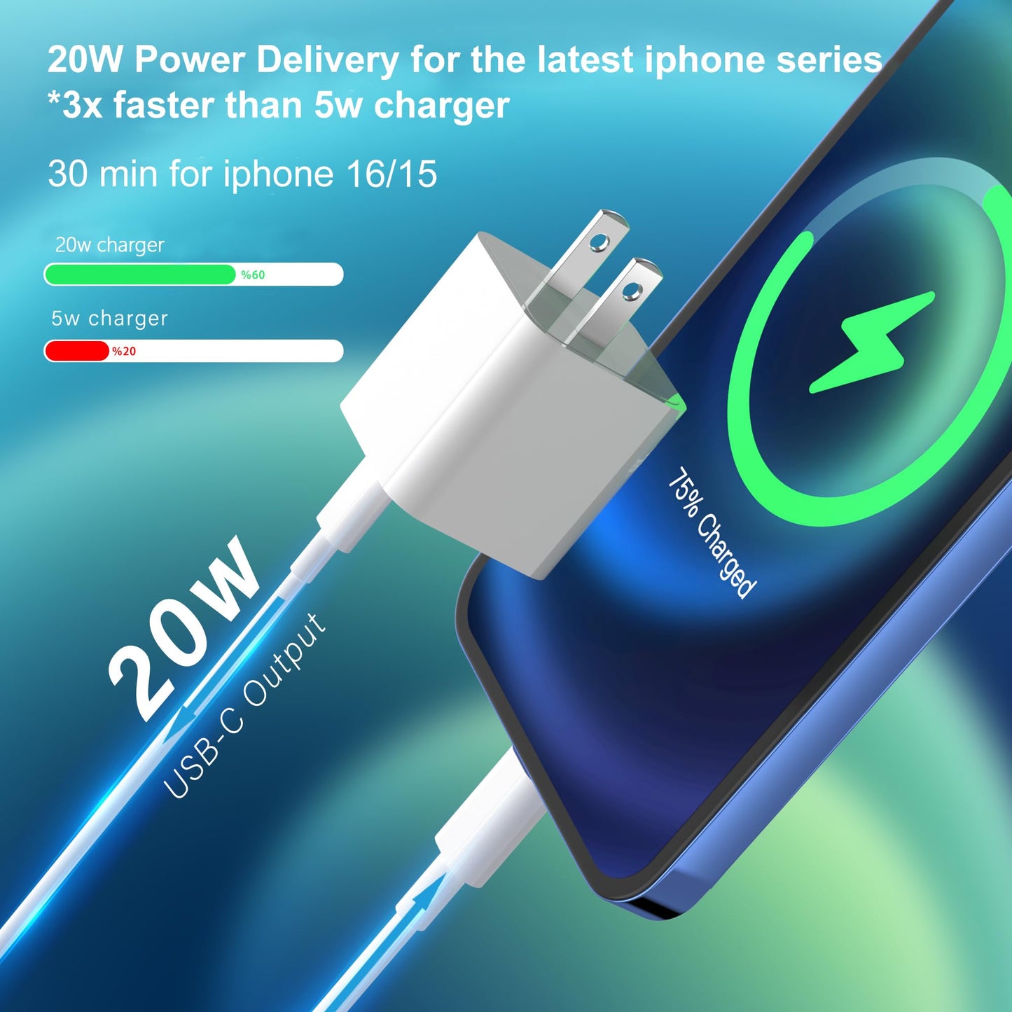 20W USB-C Fast Charger 2Pack for iPhone 16/15/14 PD 3.0 Wall Charger Brick