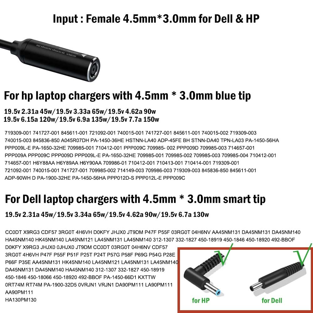 Female 4.5mm Barrel Smart Tip to USB C Adapter Cable for HP DELL USB-C Charger 45w 65w PD 5V/9V 1.5a max 20v 3.25a 65w max