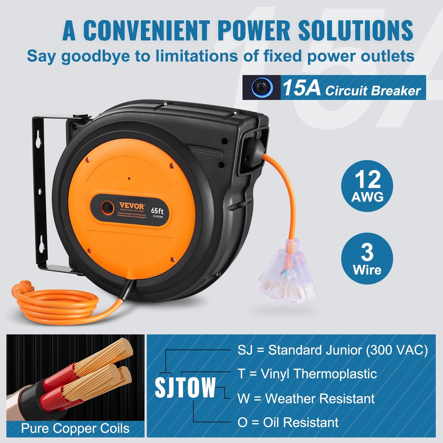 VEVOR Retractable Extension Cord Reel, 65 FT, Heavy Duty 12AWG/3C SJTOW Power Cord, with Lighted Triple Tap Outlet, 15 Amp Circuit Breaker, 180°
